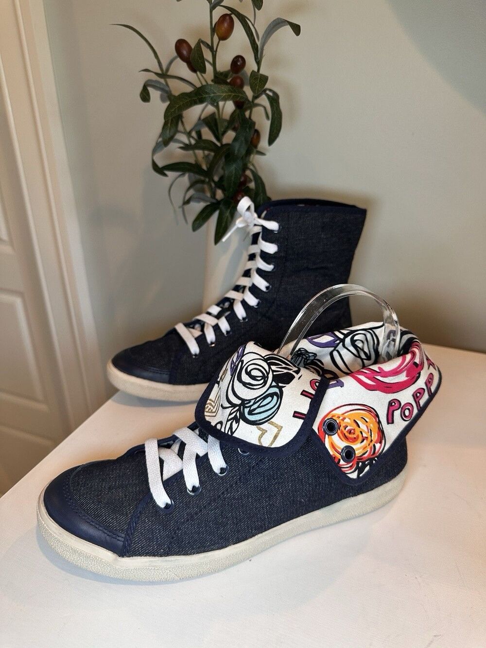 Coach Erikka Denim High Top Sneakers Foldover Floral Poppy Blue Women's Size 7.5